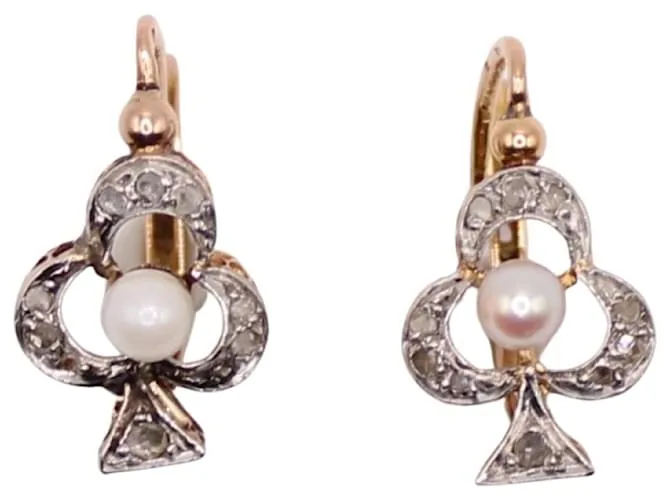 Autre Marque Aretes Art Nouveau en forma de trébol con diamantes y perlas finas Gold hardware 