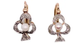 Autre Marque Aretes Art Nouveau en forma de trébol con diamantes y perlas finas Gold hardware 