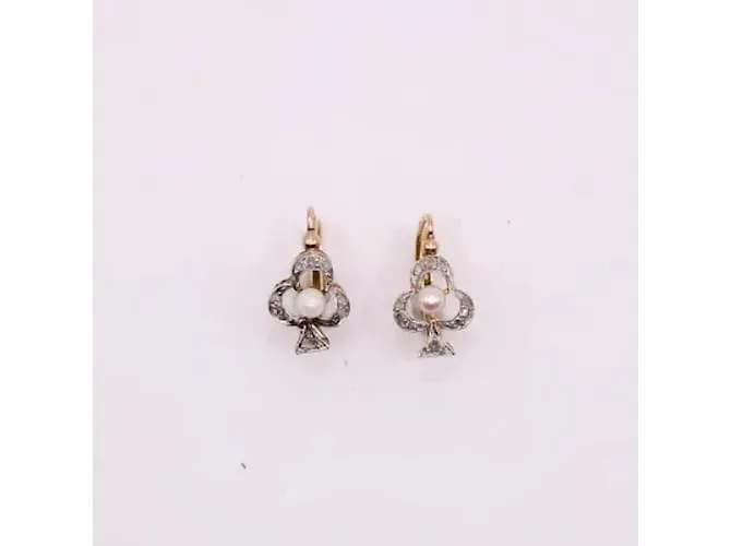 Autre Marque Aretes Art Nouveau en forma de trébol con diamantes y perlas finas Gold hardware 