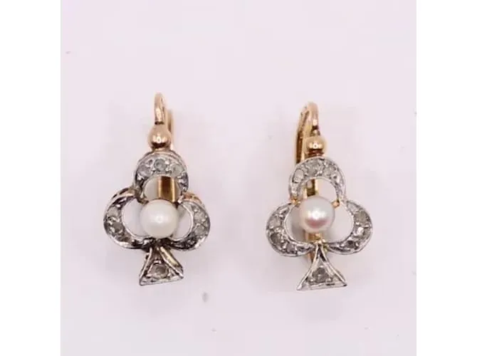 Autre Marque Aretes Art Nouveau en forma de trébol con diamantes y perlas finas Gold hardware 