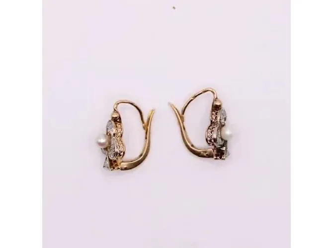 Autre Marque Aretes Art Nouveau en forma de trébol con diamantes y perlas finas Gold hardware 