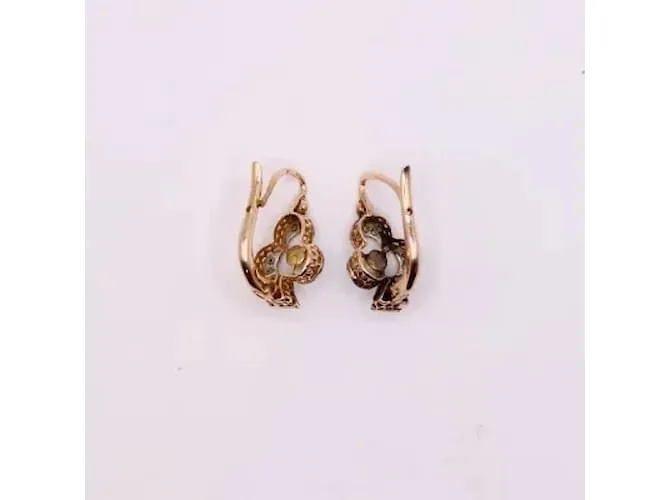 Autre Marque Aretes Art Nouveau en forma de trébol con diamantes y perlas finas Gold hardware 