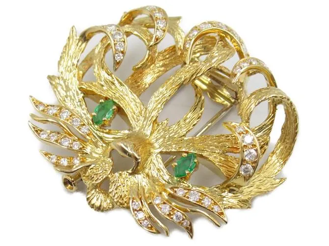 Broche de oro amarillo tallado a mano por Hermès con diamantes Verde 