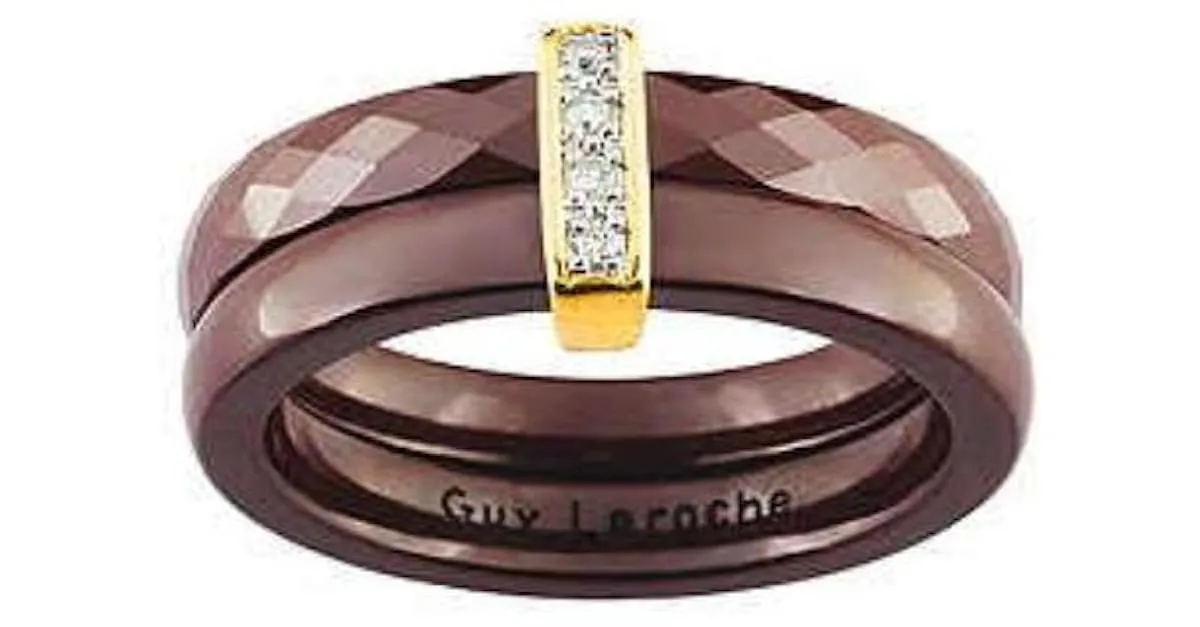 Guy Laroche - Anillo de cerámica marrón chocolate de oro amarillo 18K & DIAMANTES Blanco Dorado Marrón oscuro 