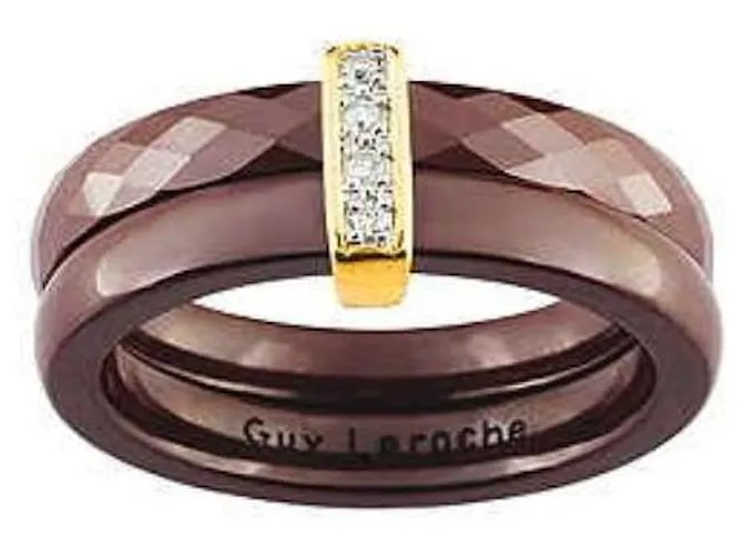 Guy Laroche - Anillo de cerámica marrón chocolate de oro amarillo 18K & DIAMANTES Blanco Dorado Marrón oscuro 