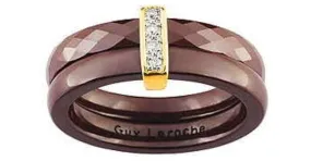 Guy Laroche - Anillo de cerámica marrón chocolate de oro amarillo 18K & DIAMANTES Blanco Dorado Marrón oscuro 