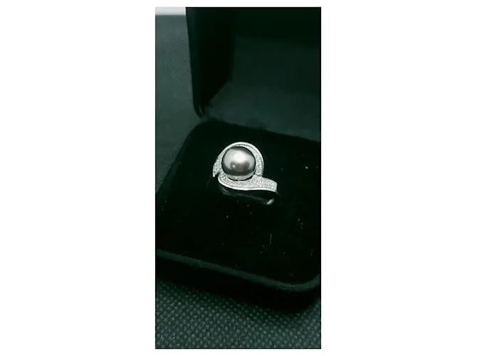 inconnue Hermoso anillo de oro 18K diamantes de pavimentación de perlas de Tahití 0,50 CT T 54 PAG 7,41 grs Plata 