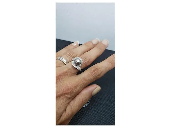 inconnue Hermoso anillo de oro 18K diamantes de pavimentación de perlas de Tahití 0,50 CT T 54 PAG 7,41 grs Plata 