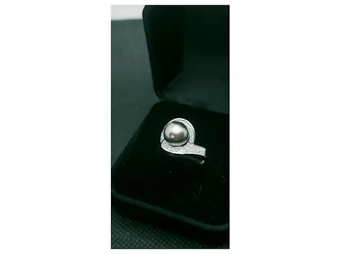 inconnue Hermoso anillo de oro 18K diamantes de pavimentación de perlas de Tahití 0,50 CT T 54 PAG 7,41 grs Plata 