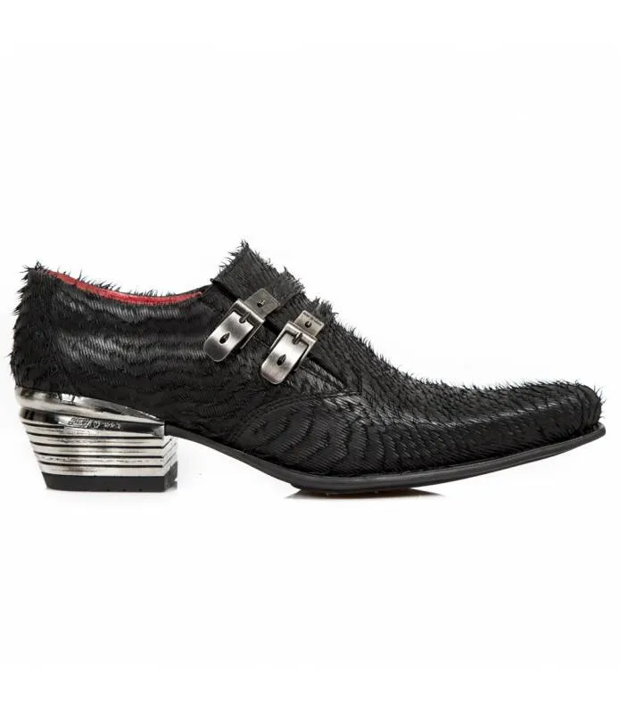 OUTLET PREMIUM -Zapato Negro Punta Piel Escamada Doble Hebilla Original New Rock M.2246-C43