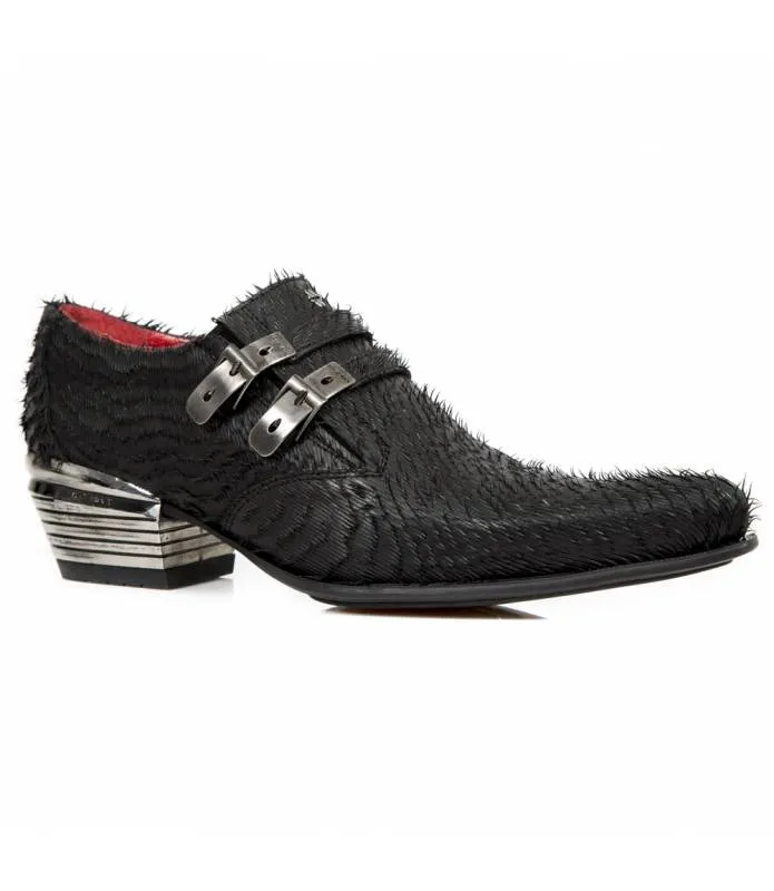 OUTLET PREMIUM -Zapato Negro Punta Piel Escamada Doble Hebilla Original New Rock M.2246-C43