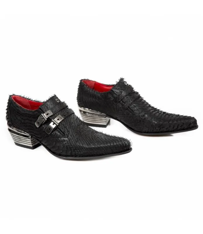 OUTLET PREMIUM -Zapato Negro Punta Piel Escamada Doble Hebilla Original New Rock M.2246-C43