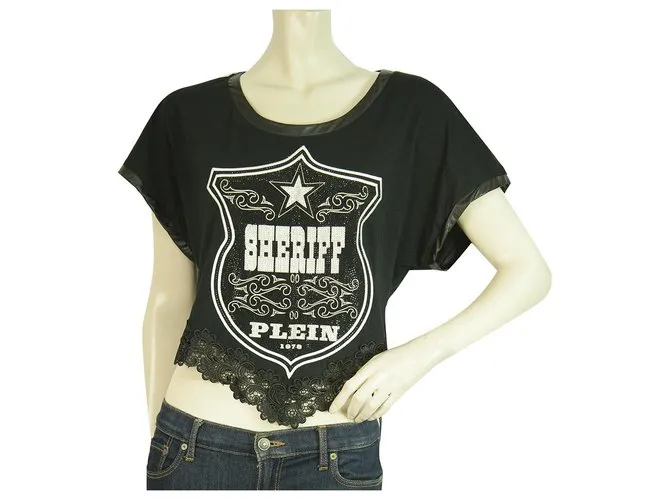 Philipp Plein camiseta negra de manga corta con diamantes de imitación de Sheriff para mujer, dobladillo de encaje Negro 