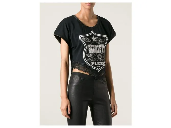 Philipp Plein camiseta negra de manga corta con diamantes de imitación de Sheriff para mujer, dobladillo de encaje Negro 