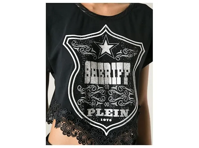 Philipp Plein camiseta negra de manga corta con diamantes de imitación de Sheriff para mujer, dobladillo de encaje Negro 