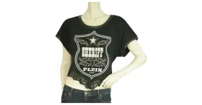 Philipp Plein camiseta negra de manga corta con diamantes de imitación de Sheriff para mujer, dobladillo de encaje Negro 