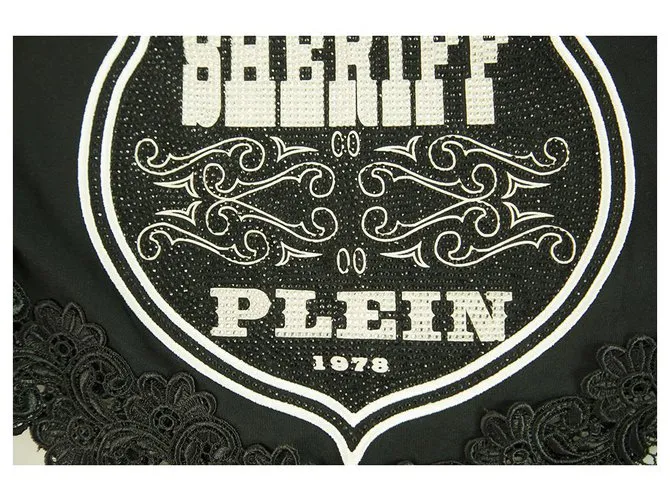 Philipp Plein camiseta negra de manga corta con diamantes de imitación de Sheriff para mujer, dobladillo de encaje Negro 