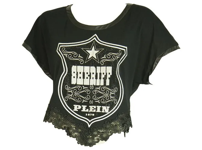 Philipp Plein camiseta negra de manga corta con diamantes de imitación de Sheriff para mujer, dobladillo de encaje Negro 