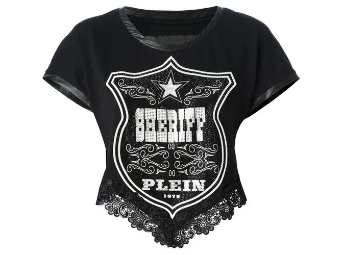 Philipp Plein camiseta negra de manga corta con diamantes de imitación de Sheriff para mujer, dobladillo de encaje Negro 